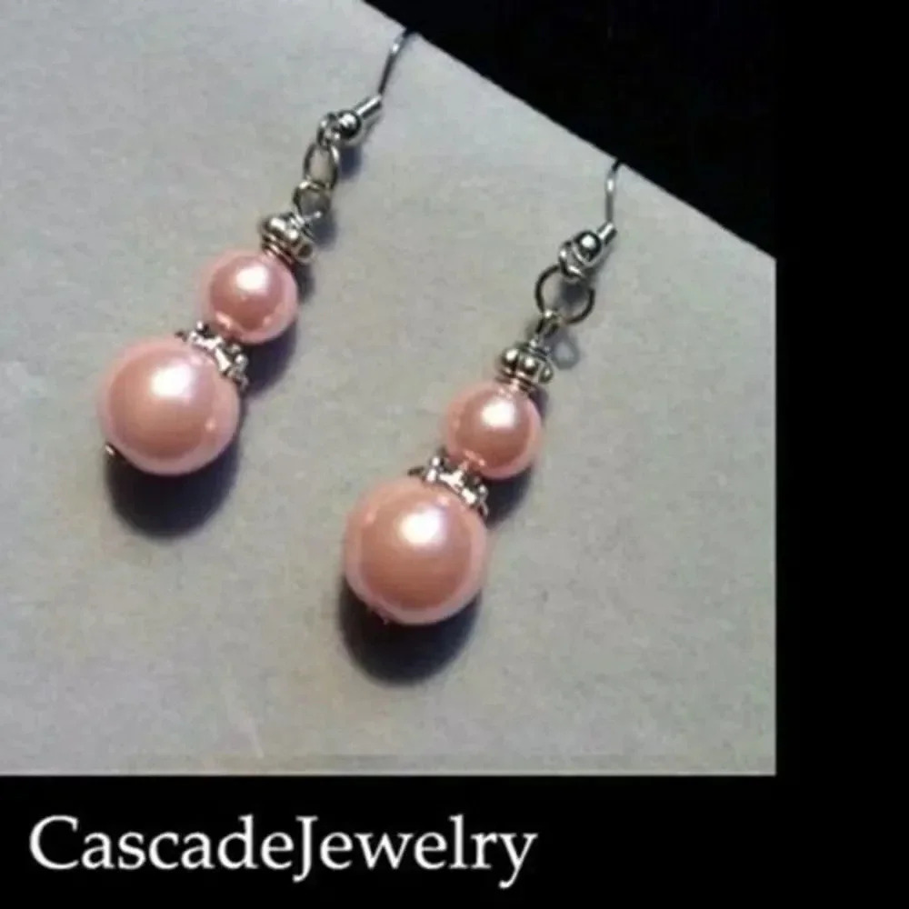 Artisan Light Awareness Pink Long Glass Pearl Earrings Antiqued Silver Beads - Picture 1 of 1